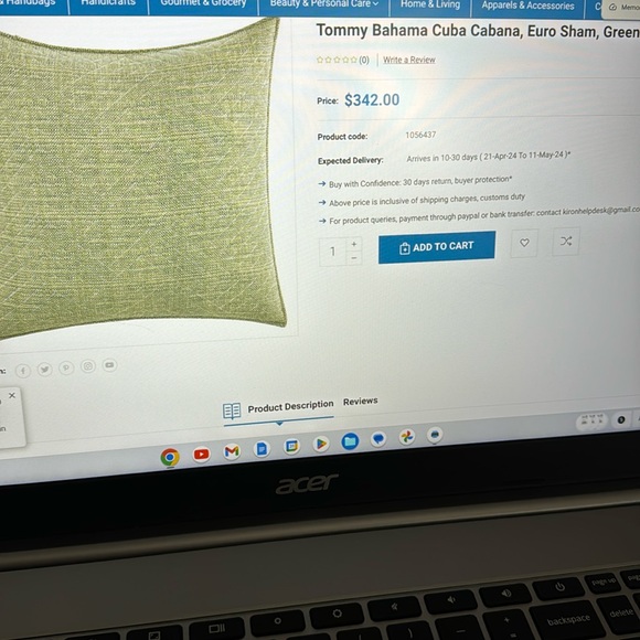 NWOT Tommy Bahama Cuba Cabana, Euro Sham, Green 26 x 26